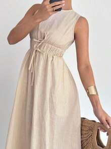 Vestido largo de línea A sin mangas de lino y algodón para mujer, primavera y verano - Blanco - Ver 6