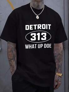 Men's Short-Sleeved Printed T-Shirt, Casual Office Wear, Everyday Wear, 100% Cotton. Men's Slim-Fit Casual T-Shirt, Black With Detroit 313 What Up Doe Print, Stylish And Attractive Urban Fashion For Men. - 黑色 - 查看 7