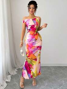 1 pieza Vestido ajustado con estampado floral y cintura ceñida en el hombro oblicuo - Rosa - Ver 1
