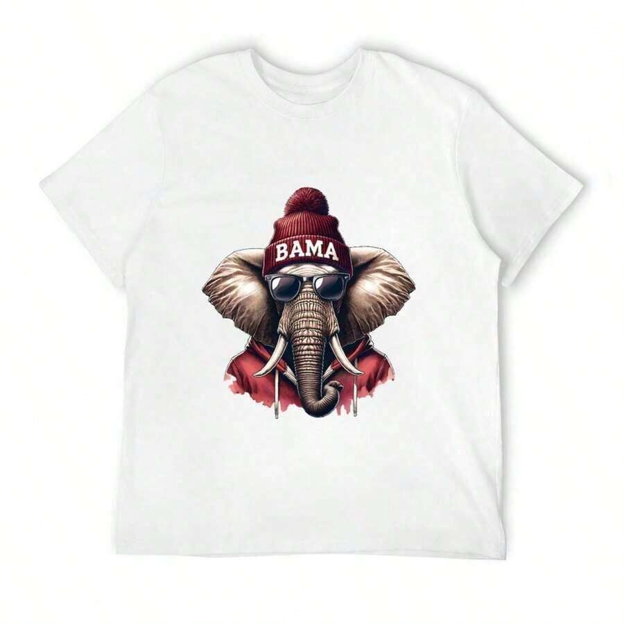 Sport Elephant BAMA American Football Team Mascot T-Shirt, Short Sleeve, Classic Style, Thick Cotton, Graphic Print, Casual Short Sleeve T-Shirt For Women. - 白色 - 查看 1