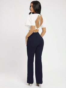 PETITE Pantalones negros de mujer de cintura alta y pierna acampanada - Azul marino - Ver 2