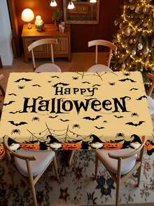 1PC Halloween Themed Polyester Tablecloth – Black Cat & Pumpkin Pattern (Light Orange With Bats & Spiders) – Available In Round (145cm) Or Rectangular (140x180cm) – Festive Table Decor For Halloween Parties And Family Gatherings - Multicolor - View 5