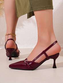 Women Burgundy Gloss Point Toe Slingback Heels, Metal Buckle Flared Heel Back Strap Sandals For Party Date Night - Burgundy - View 3