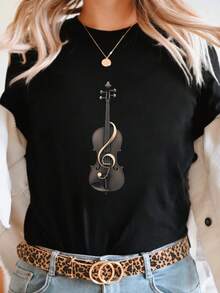 Plus Size - Extra Large Size - Women's T-Shirt, Made Of Pure Cotton, Lightweight And Breathable Fabric, Round Neck Design, Printed Design, Short Sleeve Cut, Suitable For Spring And Summer. - 黑色 - 查看 6
