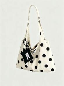 Retro Polka Dot Shoulder Bag, Contrasting Color Fashionable Korean Style Tote Bag, Casual Relaxed Commute & Daily Use Underarm Shoulder Bag, Fabric Bag - White - View 5