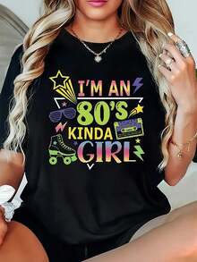 Camiseta de manga corta con cuello redondo para mujer,% algodón, con estampado vintage de los 80, impresa con las palabras I'from 80s. Lavable aáquina, adecuada para usar en primavera y verano, y se puede usar en todas las estaciones. Perfecta para usar en capas en primavera y otoño, o sola en verano. Estilo unisex, para novias. Camiseta de algodón de alta calidad con un toque moderno y de marca. - negro - Ver 1