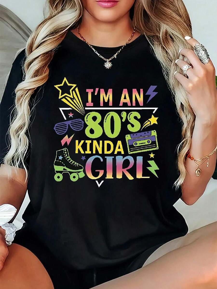 Camiseta de manga corta con cuello redondo para mujer,% algodón, con estampado vintage de los 80, impresa con las palabras I'from 80s. Lavable aáquina, adecuada para usar en primavera y verano, y se puede usar en todas las estaciones. Perfecta para usar en capas en primavera y otoño, o sola en verano. Estilo unisex, para novias. Camiseta de algodón de alta calidad con un toque moderno y de marca. - negro - Ver 1