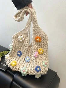 夏季新款休闲时尚草编手提包，大容量单肩购物包 - 米色 - 查看 10