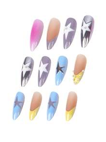 Mejora instantáneamente tu apariencia con 24 piezas de uñas postizas de verano personalizadas, casuales, elegantes, vintage, estilo callejero Y2K, sencillas y diarias, con decoración de cuentas de metal dorado/plateado, rosa rojo con halo, rosa/rojo con puntos, patrón de pentagrama plateado/blanco, degradado plateado/amarillo/blanco/azul y gris francés, forma almendra mediana, kit de uñas postizas, adecuado para niñas y mujeres con personalidades delicadas para usar en la vida diaria y de compras - Multicolor - Ver 6