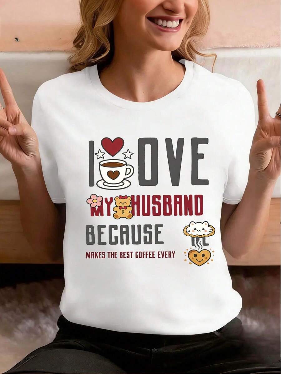 Women's T-Shirt With The Print "I Love My Husband, I Love My Wife" - Round Neck, Loose And Comfortable, Cute And Classic, Suitable For Casual Wear In Autumn Or For Daily Travel, Comfortable Home Wear, Durable Sleep T-Shirt, Comfortable Fabric, Short Sleeves. - 白色 - 查看 1