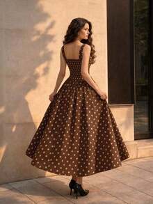 Women's Casual And Elegant Sleeveless Square Neck Dress With Black And White Polka Dots, Fitted Silhouette, Suitable For Work Or Dates, A-Line Long Skirt, Appropriate For Summer And Spring, Elegant Party Dress, Outerwear, Vacation Dress, Polka Dot Dress - 棕色 - 查看 2