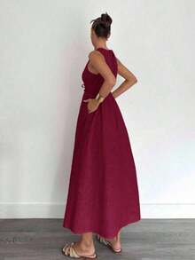 Vestido largo de línea A sin mangas de lino y algodón para mujer, primavera y verano - Burdeos - Ver 2