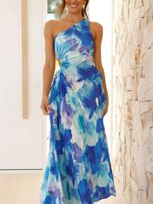 Vestido fiesta estampado hombro asimétrico pliegues calado elegante estilo sexy europeo - Azul - Ver 6