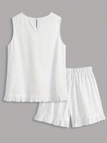 Conjunto de top sin mangas con encaje sólido y pantalones cortos con volantes, cintura elástica ajustable y cordón - Blanco - Ver 3