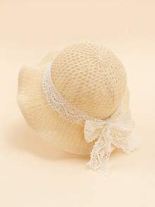 1pc Kids Straw Sun Hat With Flower Trim, Unisex Children Summer Wide Brim Paper Straw Hat, Casual Daily Wear - Wave - View 8