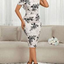 Nana's Women's Clothing Store  Lady Vestido midi elegante de mujer con estampado floral y hombro asimétrico - Morado - Ver 4