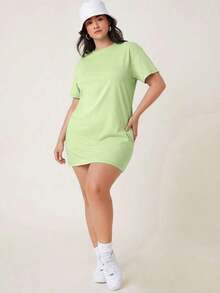 BASICS Vestido De Camiseta Sólida De Manga Corta Para Tallas Grandes - Verde - Ver 5