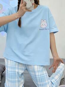 Conjunto de pantalones y blusa de manga corta con estampado de conejo de dibujos animados para niñas adolescentes - Azul - Ver 6