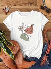Sommar Toppar Dam 2026 G7343 [2024 New Style Line Floral Face Print T-Shirt] Addio Al Nubilato - White - View 2
