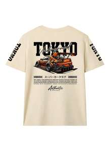 Loose-Fitting, Versatile Black Short-Sleeved Crew Neck T-Shirt With Tokyo Racing Print, New Casual Summer T-Shirt For Women's Everyday Leisure - 杏 - 查看 2