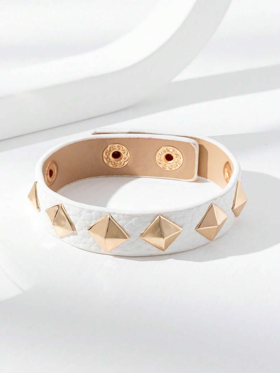 1 pieza Brazalete ajustable de mujer estilo punk de PU con remaches triangulares, motocicleta, gótico oscuro, Y2K, Cybercore - Blanco - B1475 - Ver 1