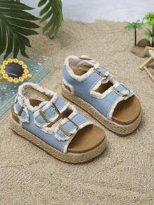 1 Pair Girls' Summer Sandals, Fashionable Solid Color Minimalist Buckle Casual Vacation Party Beach Non-Slip Comfortable Thick Sole Rope Toe Sandals - Blue - View 2