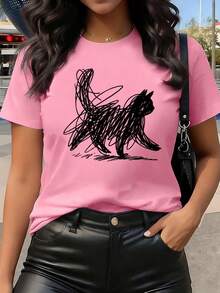 New Short Sleeve Crew Neck T-Shirt, Hand-Painted Cat Pattern, Soft And Lively Print, Stylish And Elegant, Y2K Style, Women's Casual Sports T-Shirt, No V-Neck, Sizes S-XXL - 粉色 - 查看 2