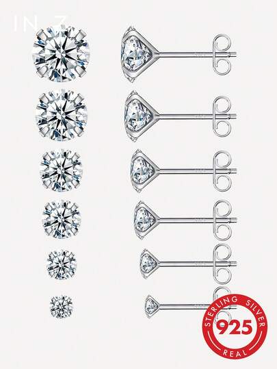 925 Sterling Silver Earring Set | Hypoallergenic White Gold Plated Cubic Zirconia Stud Earrings (3mm, 4mm, 5mm, 6mm) | Unisex Wedding Engagement Bridal Jewelry