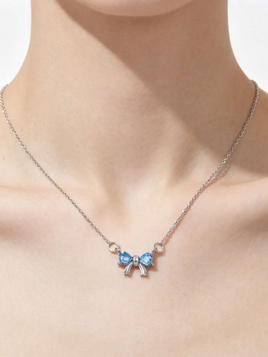 1件蓝色水晶蝴蝶结吊坠项链，时尚个性日常佩戴项链，女士礼物 - 藍色 - 查看 1