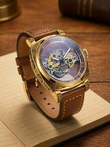 1pc Men's Vintage Carved Hollow Mechanical Watch, Automatic Movement, Large Dial, Waterproof, Luminous, Square Face, Leather Strap - one-size - View 6