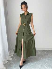 PETITE Vestido casual de verano para mujer de unicolor con botones y sin mangas - Verde militar - Ver 7