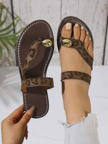 Sandalias de playa con estampado de leopardo y tachuelas, moda de verano cómoda - Café integral - Ver 9