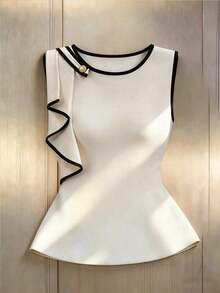 Elenzya Nueva llegada Blusa elegante de mujer con cuello redondo, volante en la cintura, diseño de nicho de lujo, versátil para ir a la oficina, para dama joven.Tops elegantes y clásicos para mujer en la oficina.Elegante blusa blanca sin mangas para el trabajo de mujer. - Albaricoque - Ver 8