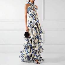Vestido estampado de verano nuevo, estilo bohemio vacacional, lazos ajustables, estilo lolita, falda amplia voluminosa - Azul - Ver 7
