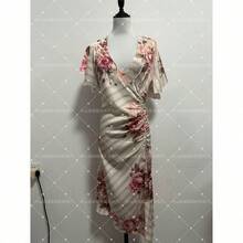 Vestido elegante de manga corta con volantes y cuello estampado, ideal para fiestas - Blanco marfil - Ver 5