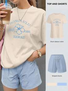 Una camiseta de manga corta para mujer con estilo retro americano, de corte holgado y con diseño estampado (los pantalones son solo para sugerencias de estilo). Esta pieza sencilla y elegante presenta un patrón de letras impresas con temática tropical, lo que la convierte en un elemento imprescindible para crear un look relajado de vacaciones, perfecto para ocasiones como el Día del Trabajo y el Día de la Independencia de México. - Blanco - Ver 6