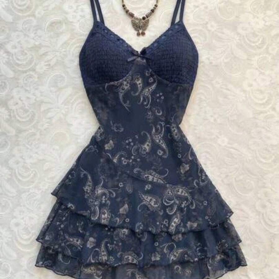 Nana's Women's Clothing Store Vestido de mujer, estampado de flor de anacardo y malla con contraste de colores, para resort - Azul marino - Ver 1