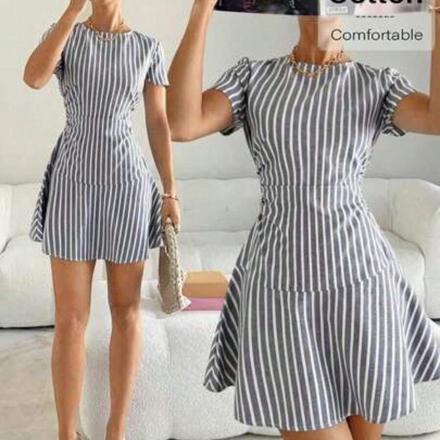 guangzhougaolangshangmao Vestido de fiesta elegante de mujer con cuello redondo a rayas y cintura ceñida - Blanco y Negro - Ver 1