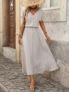 Vestido de mujer de manga corta holgado con cuello en V y medio abierto, de tela texturizada, adecuado para exteriores y vacaciones, primavera/verano - Caqui - Ver 5