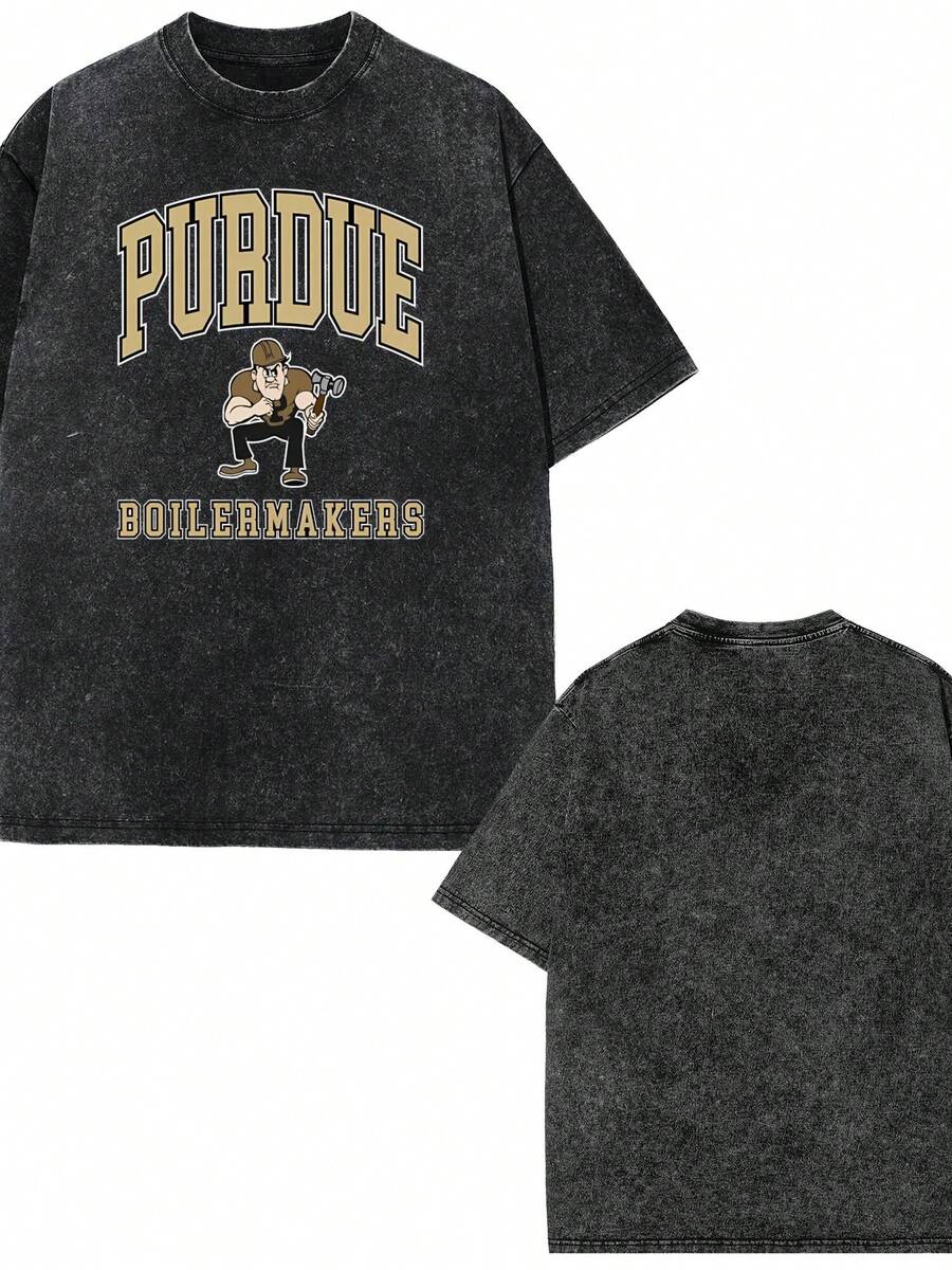 Purdue Boilermakers Big Logo Logo Vintage Washed 230g Heavyweight T-Shirt | Soft, Short-Sleeve Crew Neck Featuring Team Graphics - A Breathable And Comfortable Casual Summer Top, Also Ideal For Layering ,Cosplay - 黑色 - 查看 1
