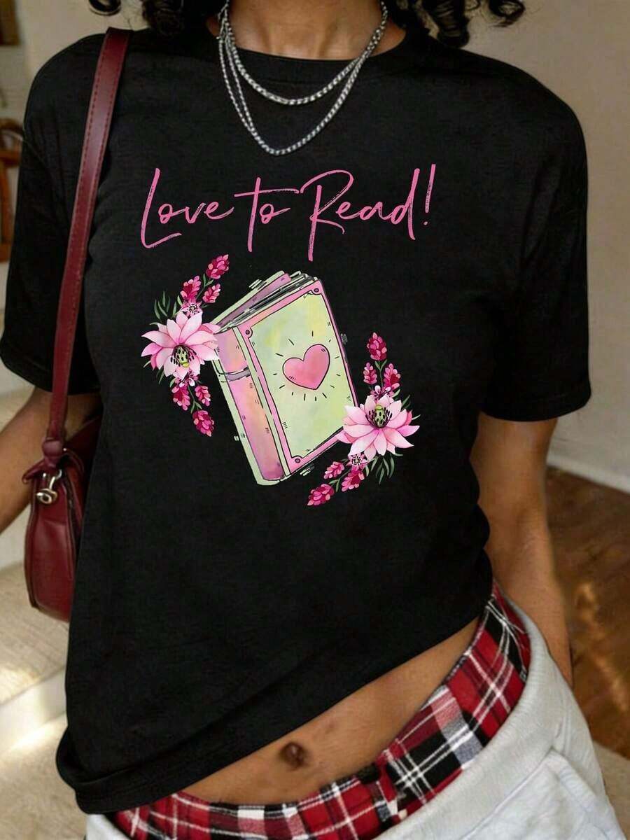 Camiseta con Estampado Floral para Amantes de los Libros, Manga Corta, Cuello Redondo, Estilo Casual para Verano y Primavera, Ropa de Tallas Grandes para Mujer - Negro - Ver 1