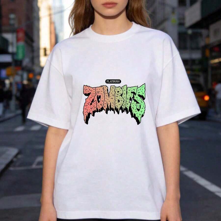 Camiseta Gráfica de Flatbush Zombies para Mujer, Camiseta Casual de Algodón de Manga Corta, Camiseta de Moda de Temporada con Cuello Redondo, Camiseta Minimalista con Estampado de Anime/Slogan/Banda, Tela Cómoda de Elasticidad Media, Lavable a Máquina - Versátil para Uso Diario, Deportivo o Ocasiones Especiales. - Blanco - Ver 1