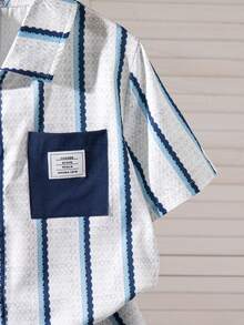 2pcs/Set Boys' Casual Striped Print Pattern Decorated Patch Short Sleeve Top And Solid Color Faux Drawstring Shorts, Spring/Summer Outfit - Navy Blue - View 5