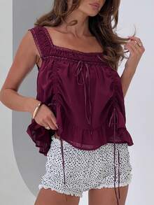 Women's Coquette Cream Lace Trim Camisole Y2K Square Neck Ruffled Hem Drawstring Ruched Top For Summer - Purple - View 2