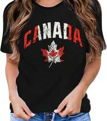 Women's Casual Cotton T-Shirt With Canadian Flag And Heart Print, Short Sleeve, Round Neck, Drop Shoulder, Cute Summer Garment With Slightly Stretchy Fabric - 黑色 2 - 查看 2