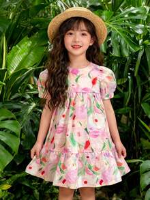 女童夏季连衣裙，可爱短袖连衣裙，新款女童夏季服装，宽松印花连衣裙 - 粉色 - 查看 10