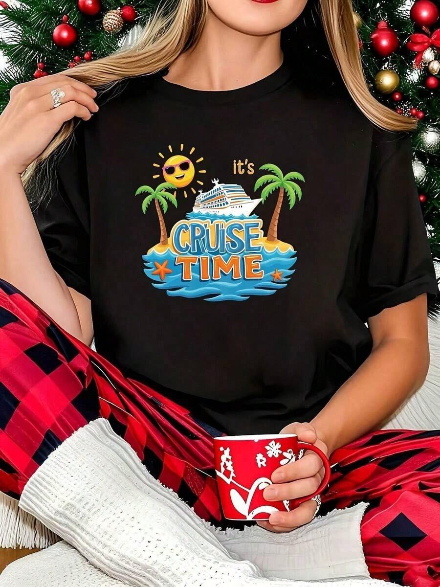 Women's T-Shirt, Creative Design With "It's CRUISE TIME" Print Featuring Sun, Palm Tree, And Summer Vacation Vibes. Short-Sleeved T-Shirt With A Round Neck And Print. Machine Washable, Suitable For Holiday Parties, Casual Style, Comfortable Fit, Fashionable. Cotton T-Shirt. - 黑色 - 查看 1