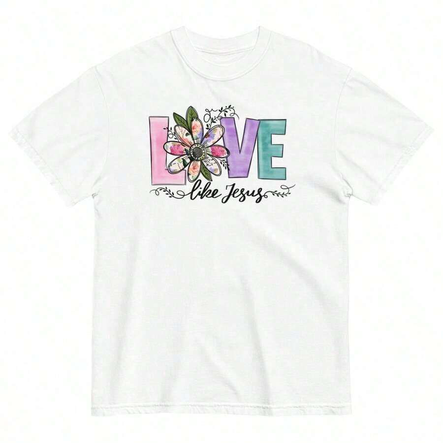 1 pieza de camiseta de algodón premium, Love Like Jesus para mujer # Camiseta Cristiana 039;S con Diseño Floral, Camiseta de Algodón - Blanco - Ver 1