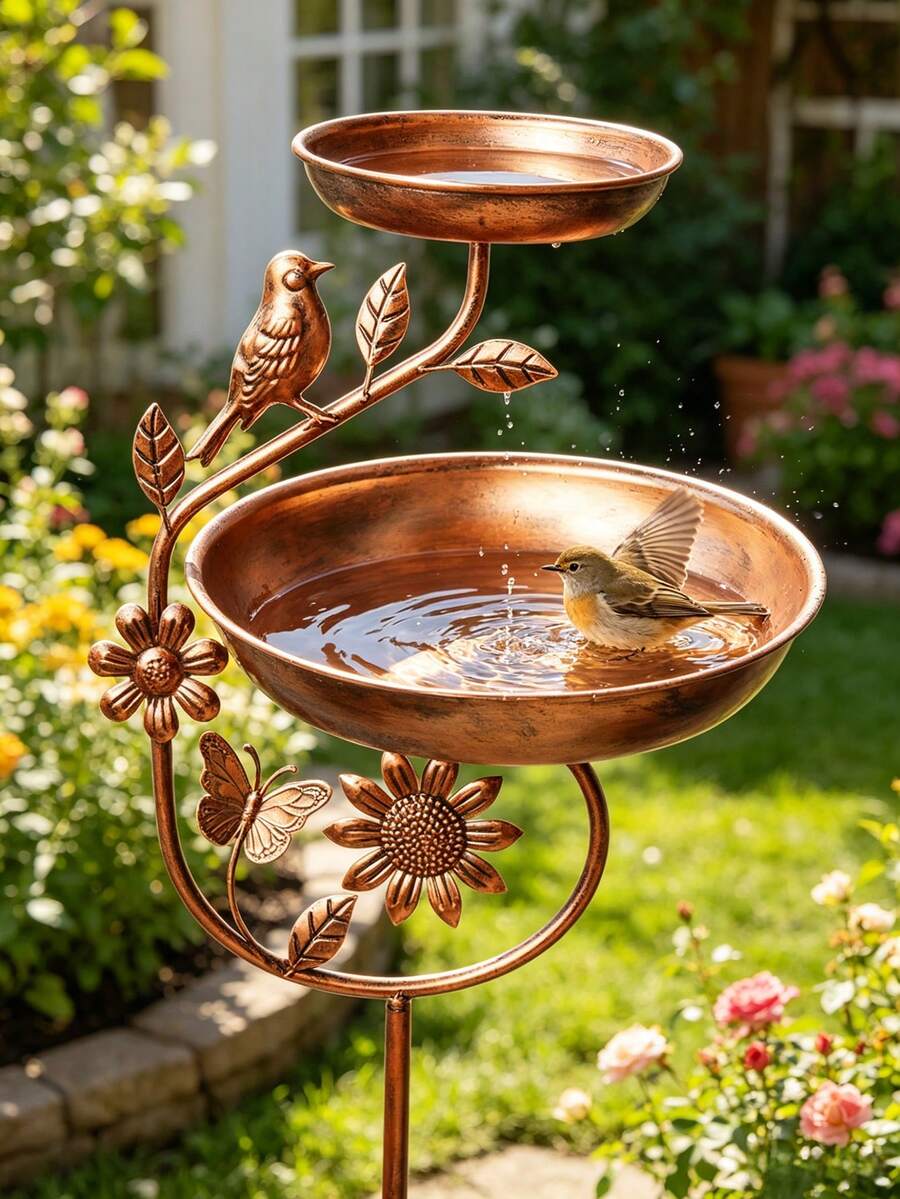 1 chiếc bồn tắm chim bằng kim loại - thiết kế bát đôi trang trí bằng gang có thể tháo rời với đế 5 chấu, cấu trúc chắc chắn và bền bỉ. Có thể dùng làm bát cho chim ăn và uống nước. Hoàn hảo để trang trí sân vườn ngoài trời, trang trí mùa xuân và mùa hè, thu hút chim hoang dã, và cũng là món quà hoàn hảo cho những người yêu chim