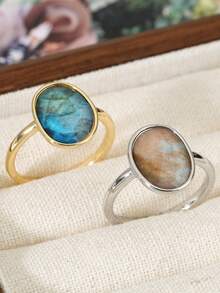 1pc Minimalist Oval Labradorite Stone Ring, Gold/Silver Plated Statement Ring, Vintage Boho Style, Women's Daily & Party Jewelry Gift - Personalized Rings - View 2
